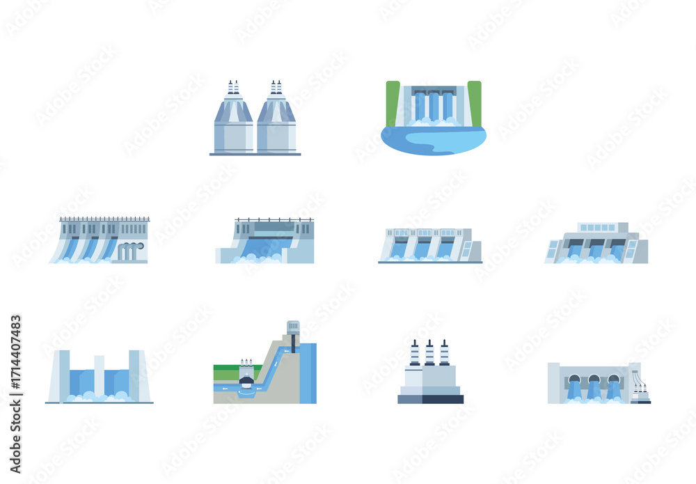 Gray And Blue Hydro Energy Renewable Electric Power Icons Set Stock ...