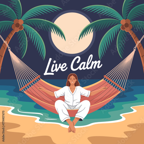 Serene tropical beach scene with person relaxing in hammock under full moon and palm trees promoting a live calm lifestyle vector