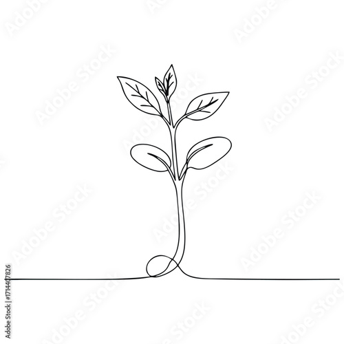 This minimalist illustration captures the essence of growth with a continuous single line drawing of a sprouting plant, symbolizing new beginnings and nature's resilience. Ideal for eco-friendly brand