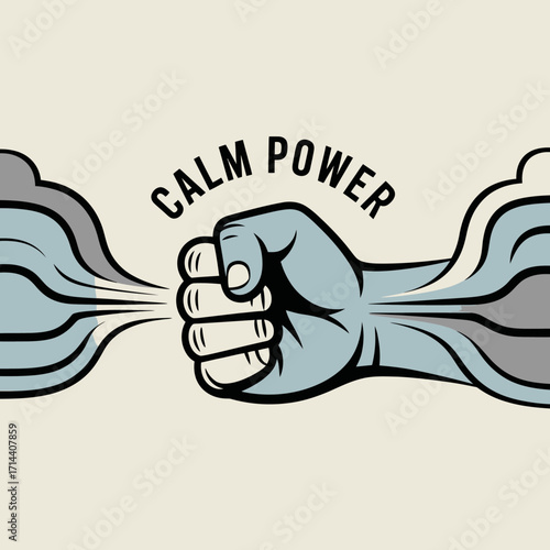 Fist clenched with calm power symbol emanating serene energy and controlling disruptive forces representing inner strength and mental control in a stylized graphic vector