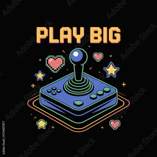 Retro pixel art joystick with play big text and gaming icons celebrating nostalgic video game entertainment and fun vector