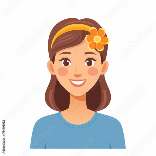 Charming illustration of a young woman with a flower accessory, smiling and looking forward