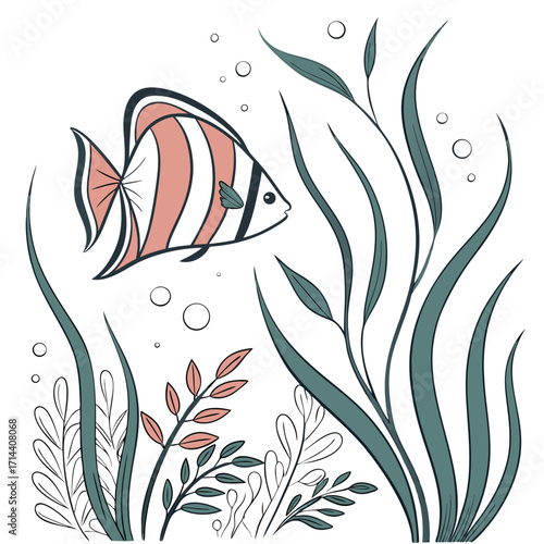 A whimsical fish swims among stylized seaweed, creating a serene underwater scene with bubbles floating upwards