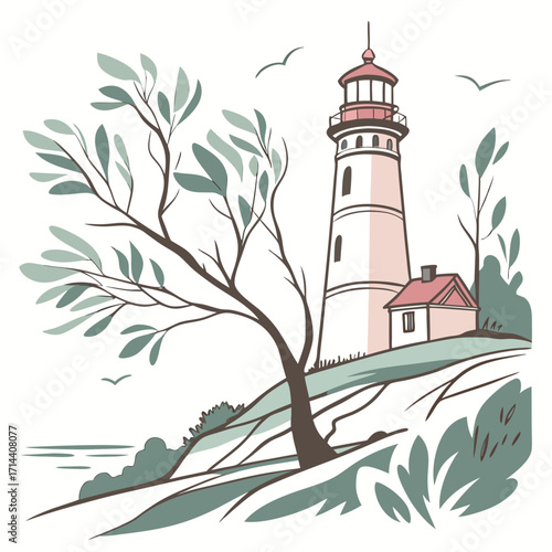 A charming lighthouse stands tall on a gentle hill, framed by a stylized tree with delicate leaves and a few birds soaring in the sky