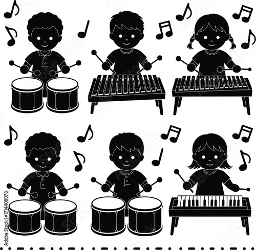 Kids playing musical instruments vector illustration for music education and arts and crafts projects
