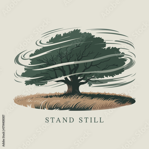 Majestic oak tree stands resilient against swirling winds on grassy hillock symbolic of strength and steadfastness vector