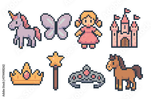 Fairy tale flat icon set. featuring unicorn, butterfly, doll, castle, crown, wand, tiara, and horse symbols