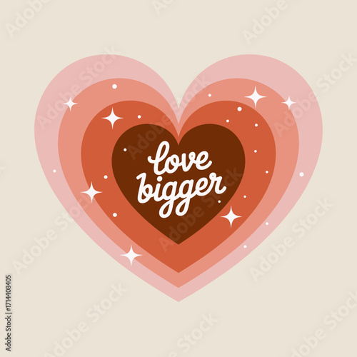 Heart shape with "love bigger" text and sparkles emblematic of romance and affection celebrating relationships and emotional connection vector