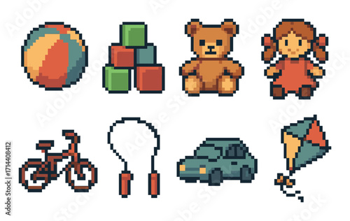 Vintage toys pixel icon set. featuring ball, blocks, teddy bear, doll, bike, jump rope, car, and kite