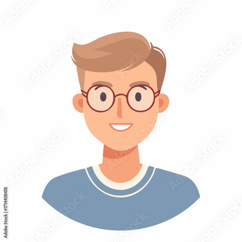 Cartoon Portrait of Young Man with Glasses and Light Brown Hair Smiling Happily