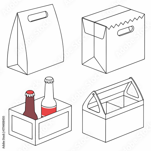 Isometric outline illustration of various packaging types for food and beverage products, includes box, bag, and carrier designs