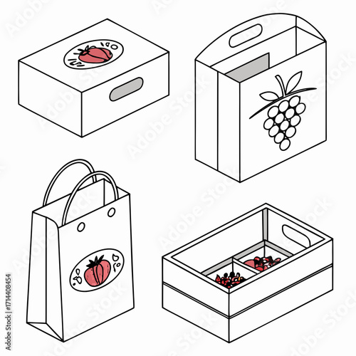 Isometric outline illustration of various packaging types for food and beverage products, includes box, bag, and crate designs