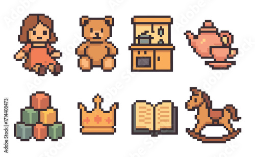 Pixel art linear icon set. featuring doll, teddy bear, kitchen, teapot, block tower, crown, book, and rocking horse