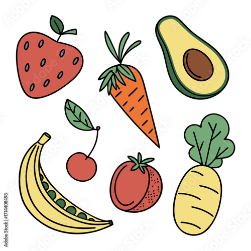 A charming collection of hand drawn fruits and vegetables including a strawberry banana cherry tomato avocado and carrots on a white background