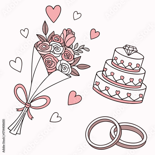 Romantic wedding elements including a bouquet of pink roses a tiered cake topped with a diamond ring and two wedding bands surrounded by hearts