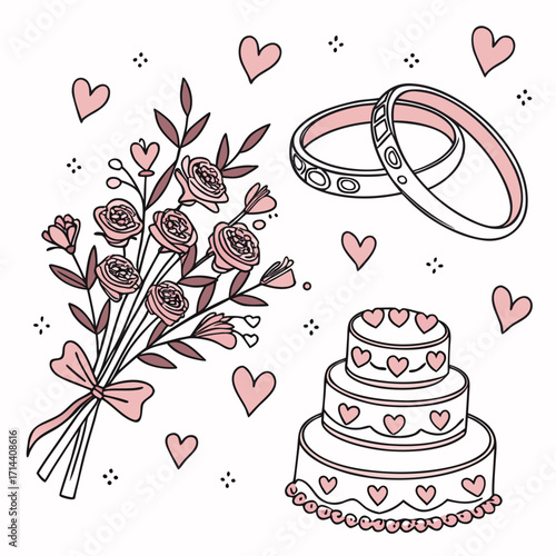 A charming hand drawn illustration of a wedding bouquet two wedding rings and a tiered cake adorned with hearts perfect for invitations and decorations