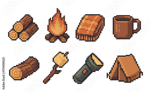Camping essentials pixel icon set. featuring logs, fire, blanket, mug, marshmallow, flashlight, and tent.