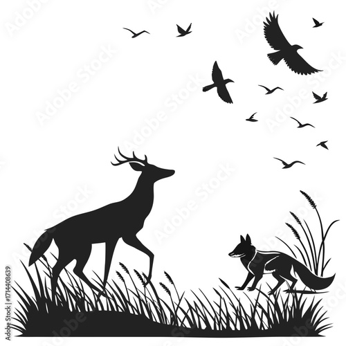 Silhouette of a majestic deer and a cunning fox in tall grass with a flock of birds flying in the sky above
