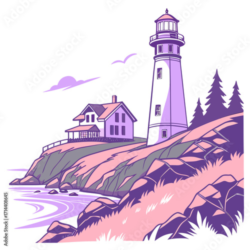 A picturesque lighthouse stands tall on a cliff overlooking the ocean, with a charming house nestled beside it, surrounded by lush trees and a serene sky, vector illustration