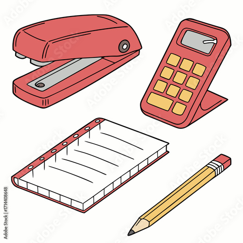 A collection of essential office supplies including a red stapler a calculator a notebook and a yellow pencil all depicted with clean lines and a simple color palette on a white background