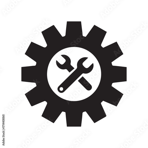 Black gear with crossed wrenches, repair or settings symbol