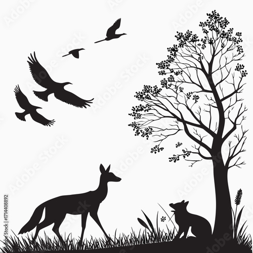 Silhouette of a graceful deer walking past a watchful fox under a bare tree with birds flying overhead in a natural woodland setting