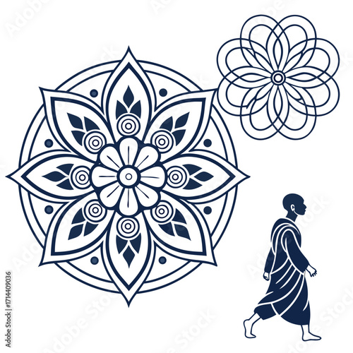 Serene buddhist monk walking beside intricate mandala designs featuring floral patterns and geometric symmetry on white background