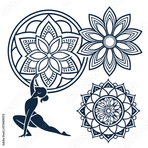 Silhouette of a woman performing a yoga pose in front of intricate dark blue mandalas and floral patterns on a white background