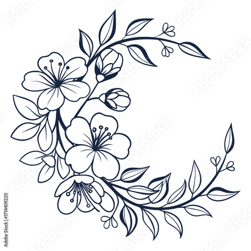 Elegant dark blue line art floral wreath design with blooming cherry blossoms and delicate leaves forming a decorative crescent shape on a white background