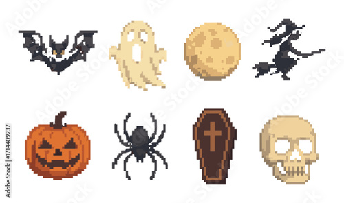 Halloween flat icons set. featuring bat, ghost, moon, witch, pumpkin, spider, coffin, and skull symbols