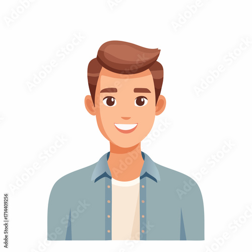 Vibrant cartoon illustration featuring a cheerful young man with a friendly smile, brown hair, and a casual light blue shirt, isolated on a clean white background, ideal for various digital projects
