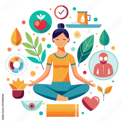 Woman meditating in lotus position, surrounded by wellness icons, promoting mindfulness, relaxation, and healthy lifestyle in a vibrant illustration