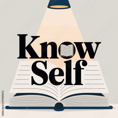 Illuminated open book inspiring knowledge wisdom and personal growth with 'know self' message under lamp vector