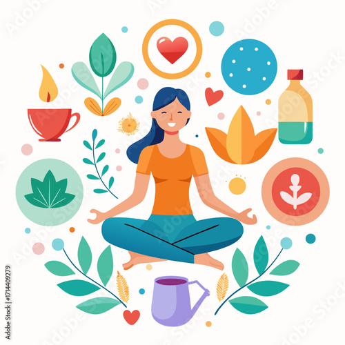 Woman in lotus position meditating, surrounded by wellness icons, promoting mindfulness, relaxation, and healthy lifestyle in a vibrant illustration