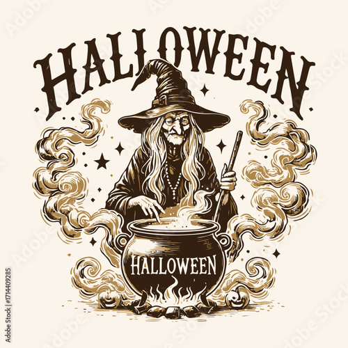Halloween granny witch spelling with the cauldron vector design