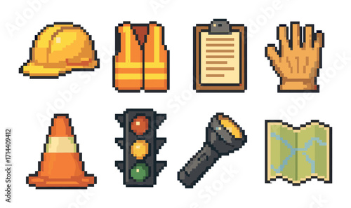 Construction tools flat icon set. featuring helmet, vest, checklist, glove, cone, traffic light, flashlight, map icons