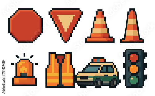 Traffic safety flat icon set. featuring stop sign, yield, cones, beacon, vest, police car, and traffic light