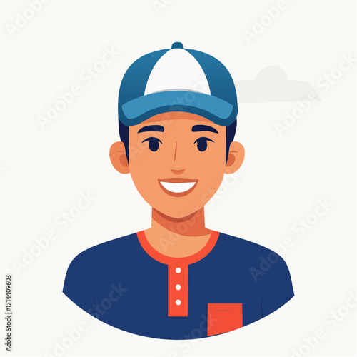 Vector illustration of a smiling young man character concept wearing a blue baseball cap, a friendly user profile avatar for social media