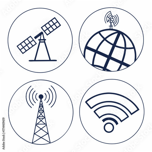 Collection of four circular icons depicting satellite dish global communication antenna radio tower and wireless signal symbols representing connectivity and technology concepts