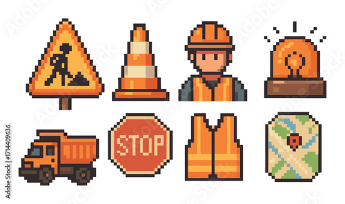Construction pixel art icon set. featuring worker, cone, barricade, vest, stop sign, truck, map, and alert symbols