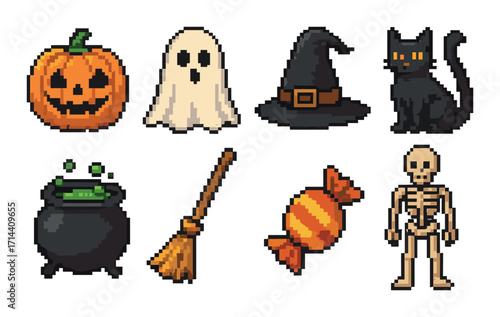 Halloween silhouette icon set. featuring pumpkin, ghost, witch hat, black cat, cauldron, broom, candy, skeleton