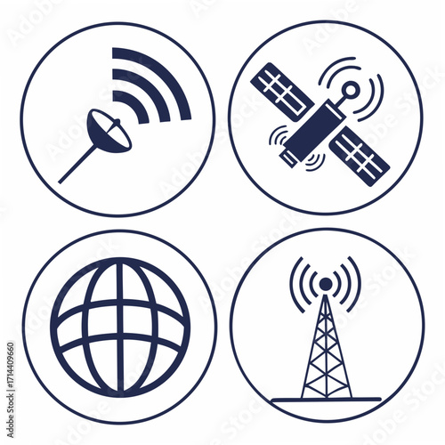 Four circular icons representing global communication technologies including a satellite dish broadcasting signals a satellite in orbit a terrestrial globe and a broadcast tower transmitting waves