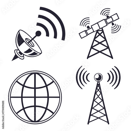 Collection of four communication icons including a satellite dish a radio tower a globe and a broadcast antenna emitting signals
