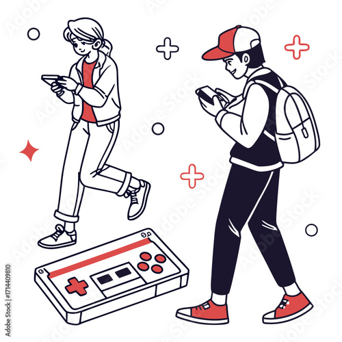 Two people playing video games on handheld devices, accompanied by a classic game controller, , showcasing the gaming culture