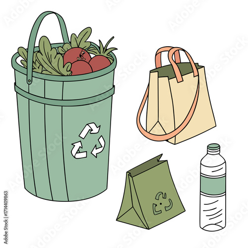 Illustration of a green recycling bin filled with fresh vegetables and fruits alongside reusable shopping bags and a water bottle