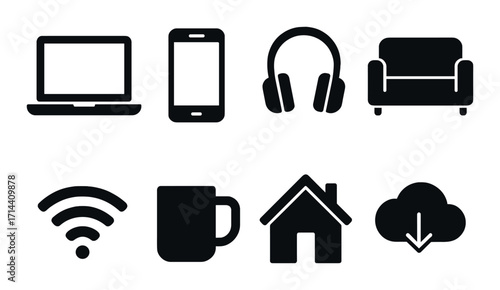Home and technology silhouette icon set. featuring laptop, smartphone, headphones, sofa, wi-fi, mug, house, cloud download