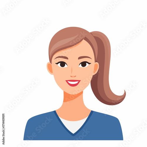 Smiling young woman with a ponytail hairstyle, a beautiful female character avatar. Vector illustration of a happy girl's portrait for a user profile