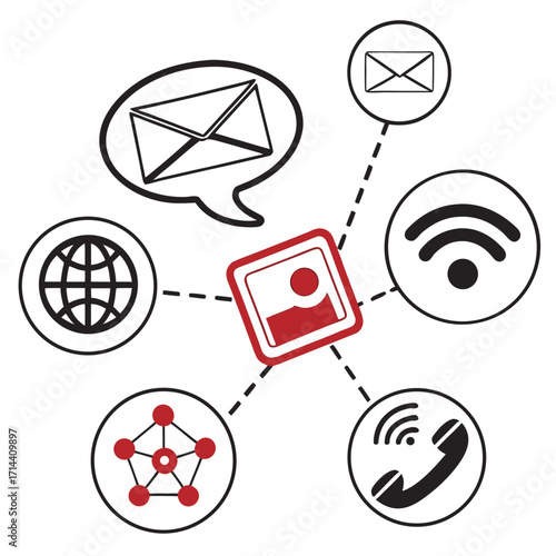 Conceptual illustration of digital communication and social media connectivity with icons representing email profile internet network and phone calls linked together