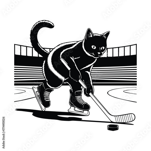 Playful black cat hockey player silhouette on ice rink