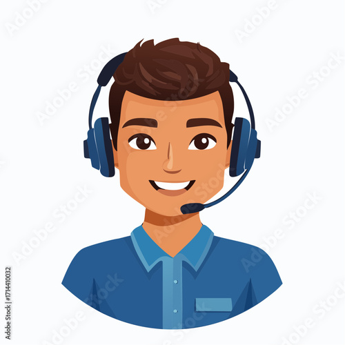 Friendly male call center agent with a headset providing excellent customer service support. Vector illustration of a smiling operator